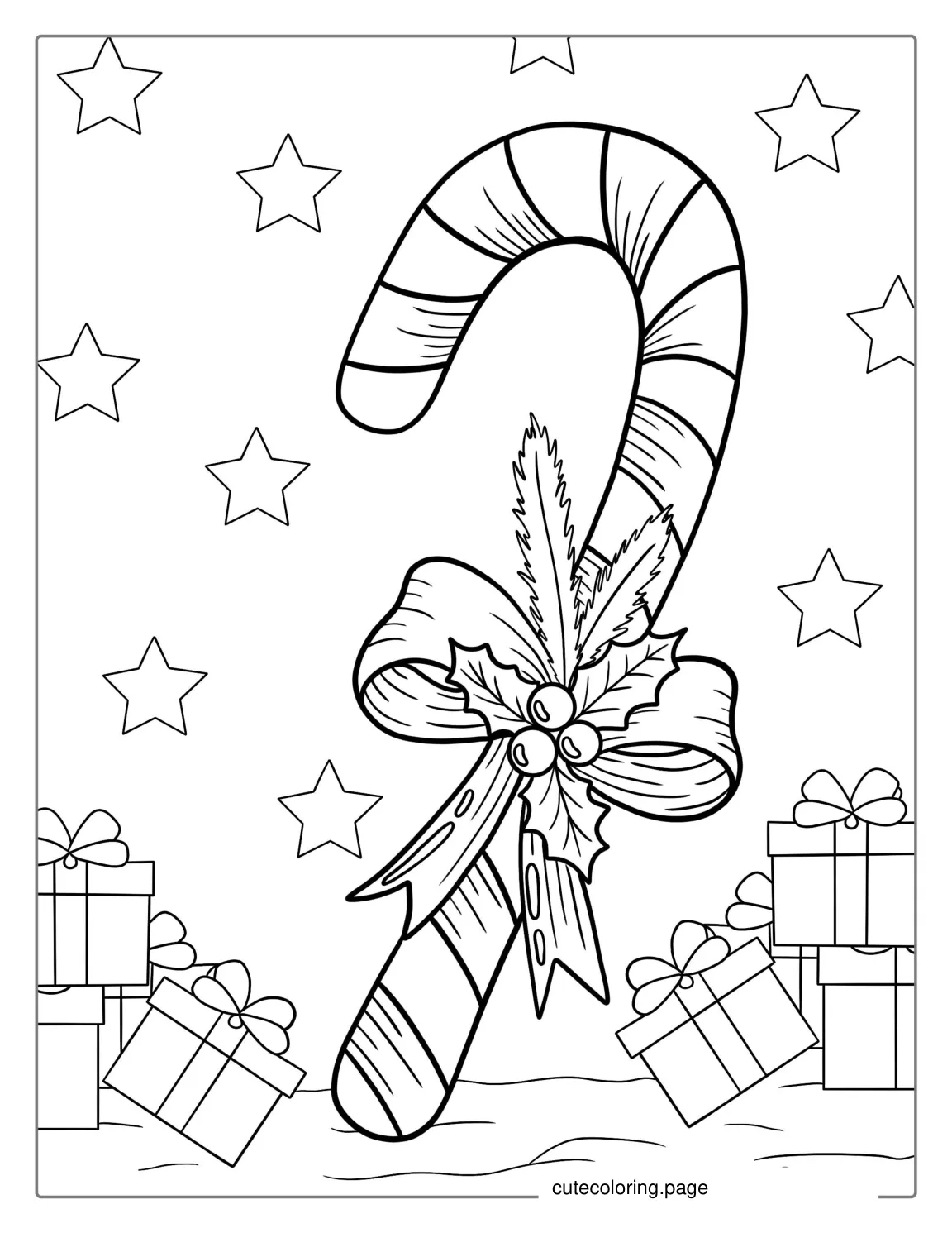 Candy Cane With Christmas Presents To Color coloring page