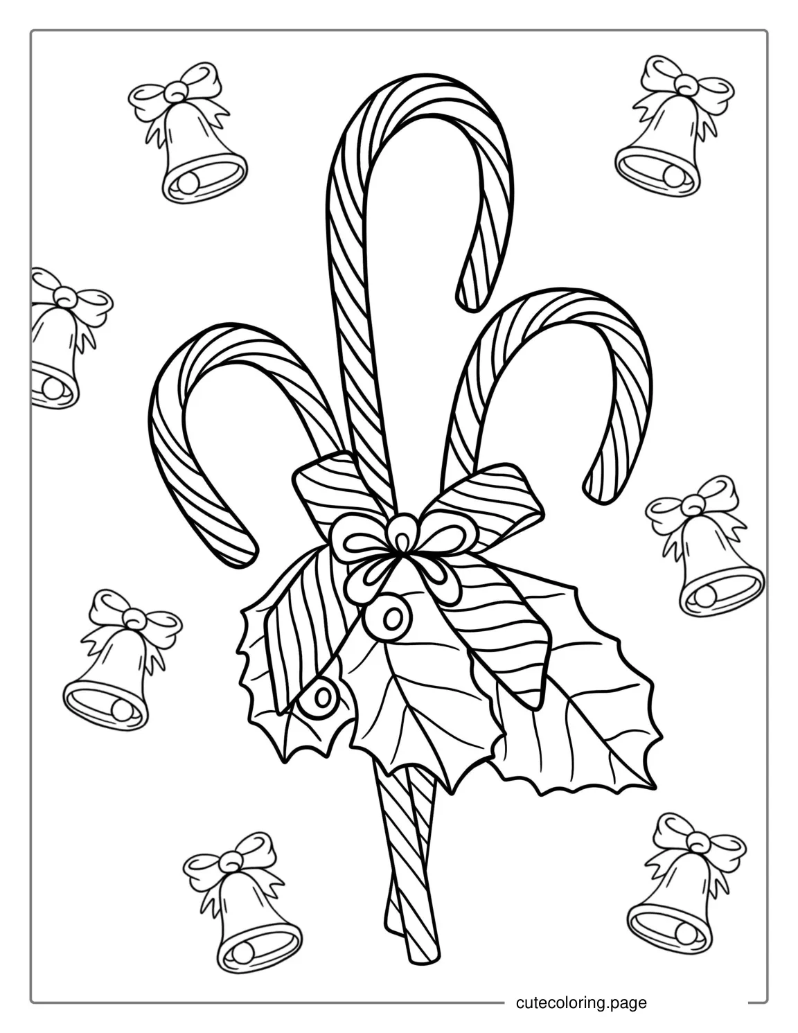 Christmas Candy Cane With Bells To Color coloring page