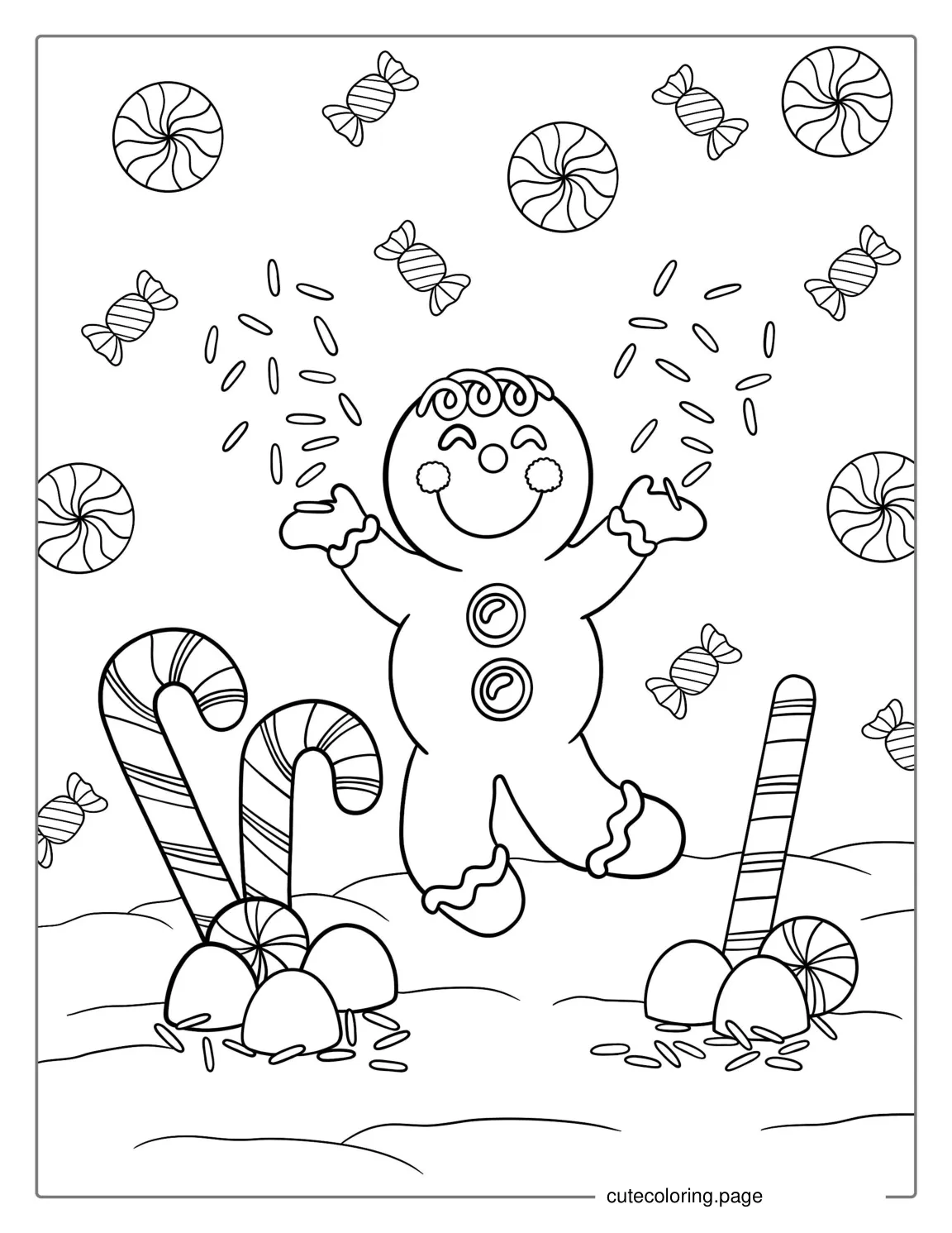 Happy Gingerbread Man With Candy Canes To Color coloring page