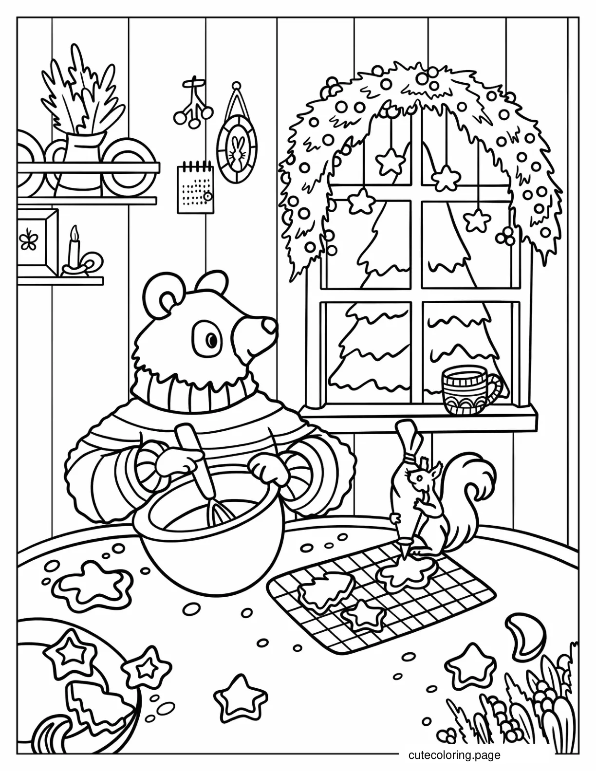 Cartoon Animals Baking Christmas Cookies Coloring Page coloring page