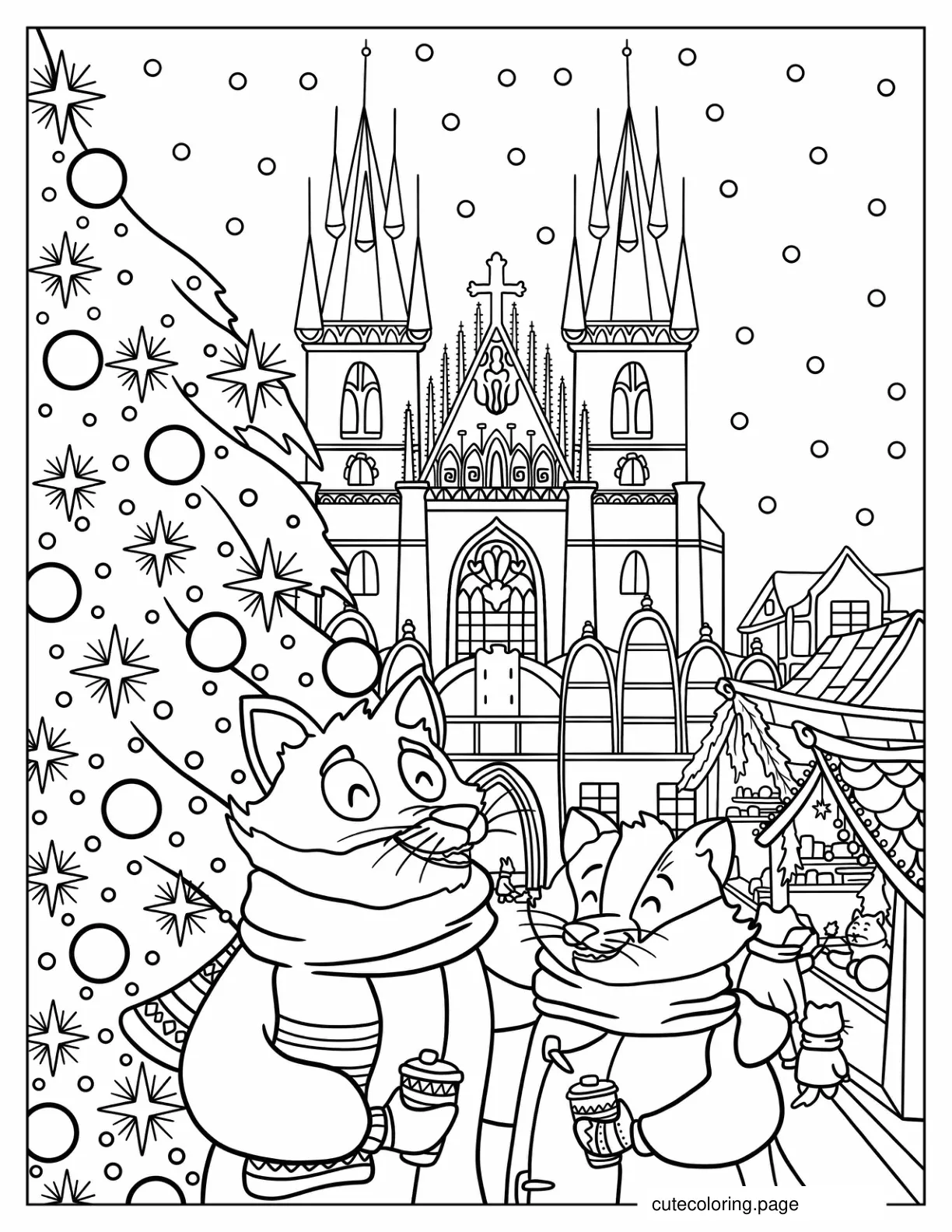 Cartoon Racoons Sharing Hot Beverage In Front Of Christmas Tree And Cathedral Coloring Page coloring page