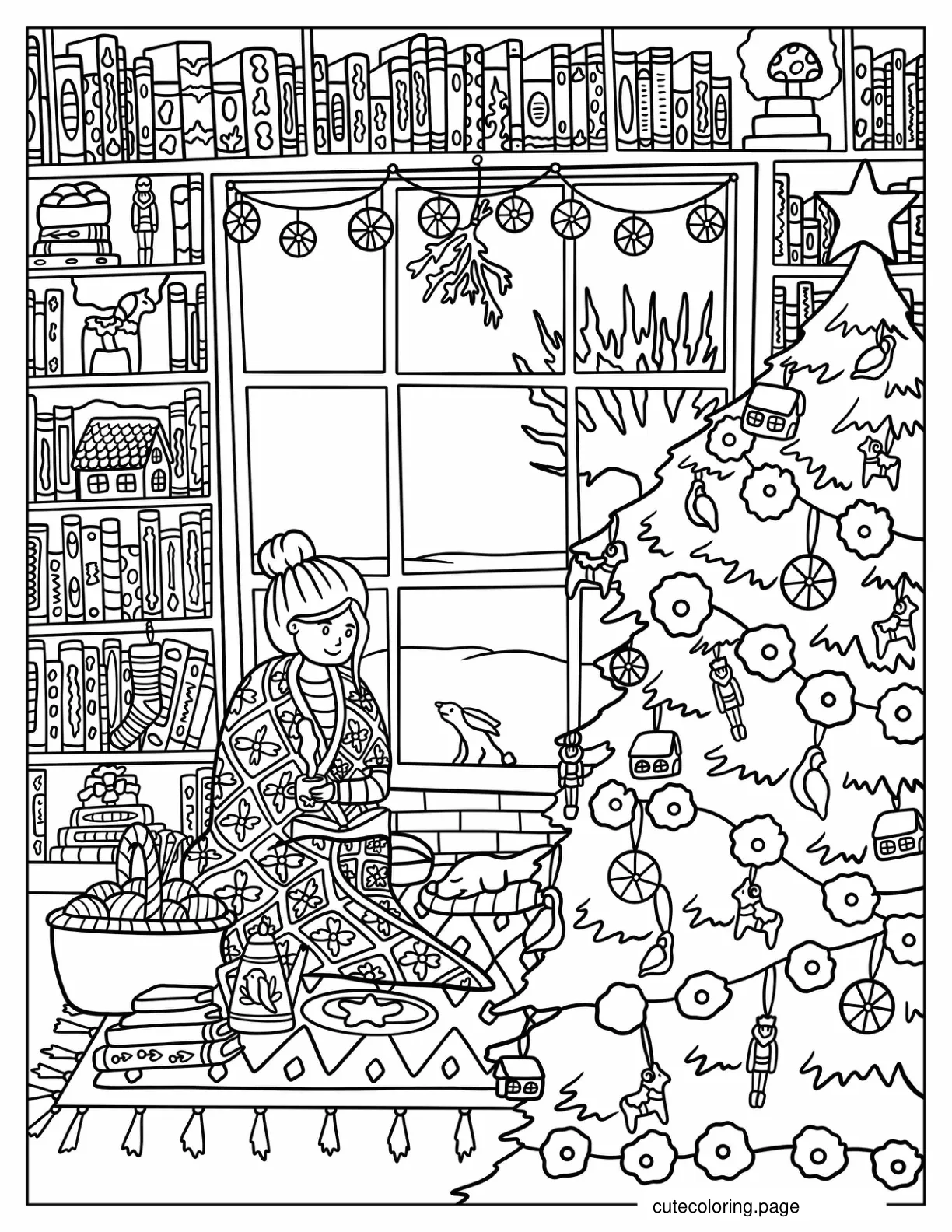 Cartoon Woman Wrapped In Quilt In Front Of Christmas Tree coloring page