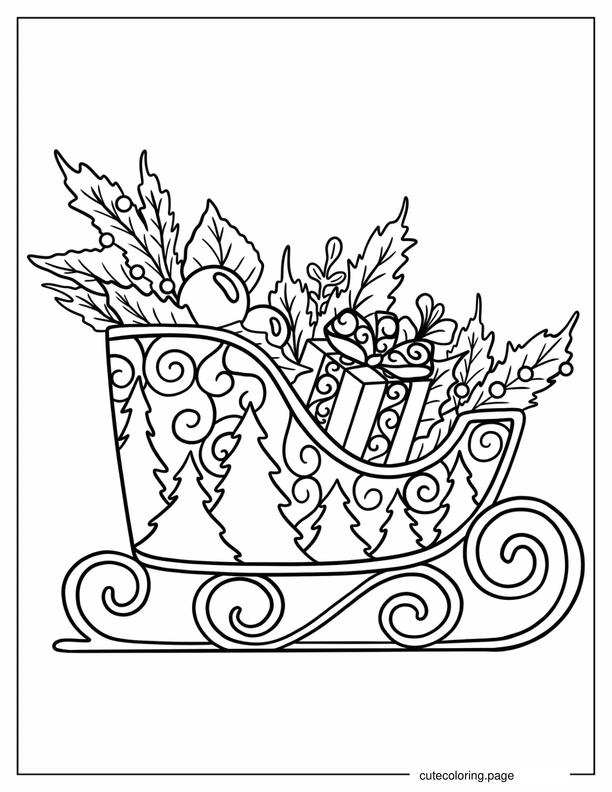 Christmas Sled Filled With Hollies Presents And Mistletoes Coloring Page For Adults coloring page