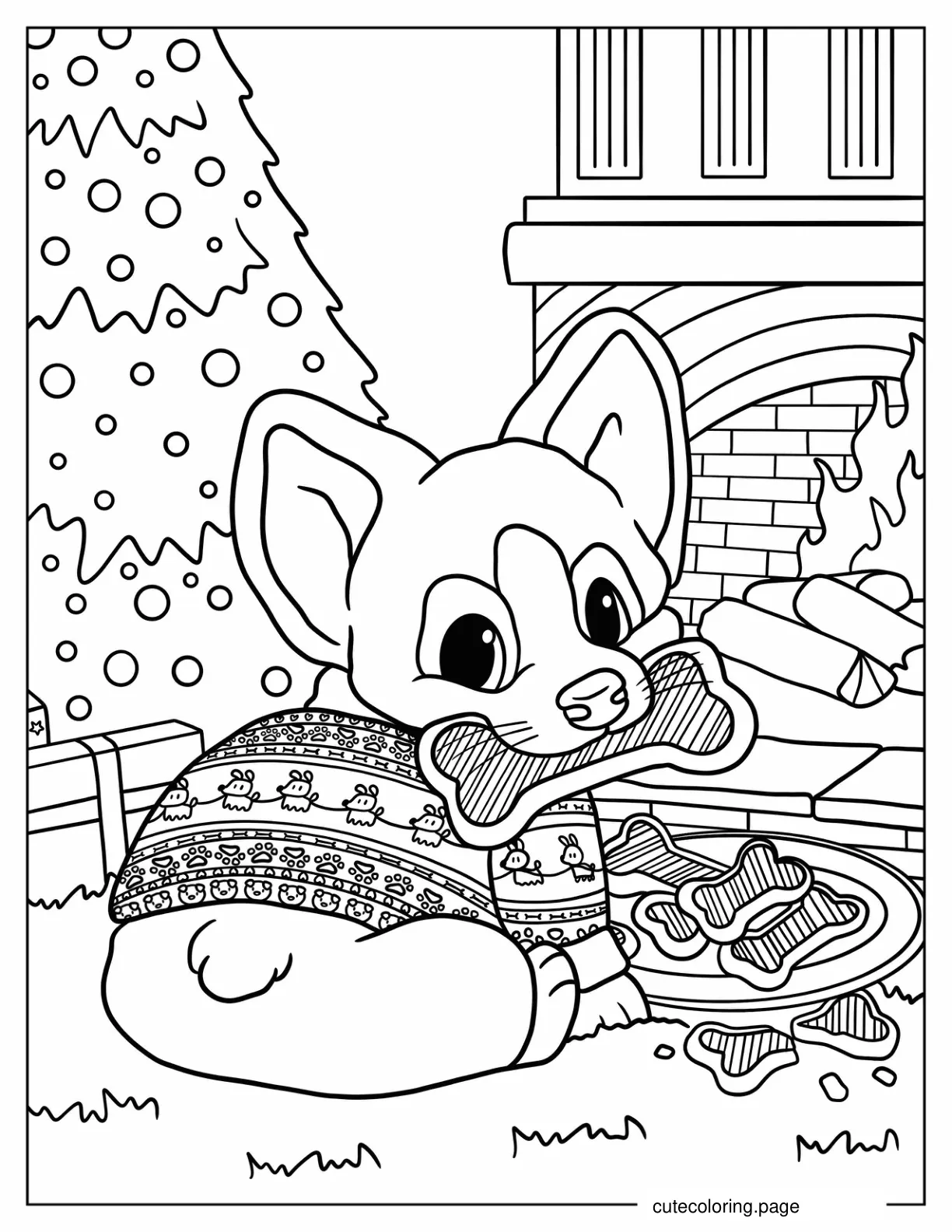 Cute Corgi In Sweater Biting A Treat Christmas Coloring Page coloring page