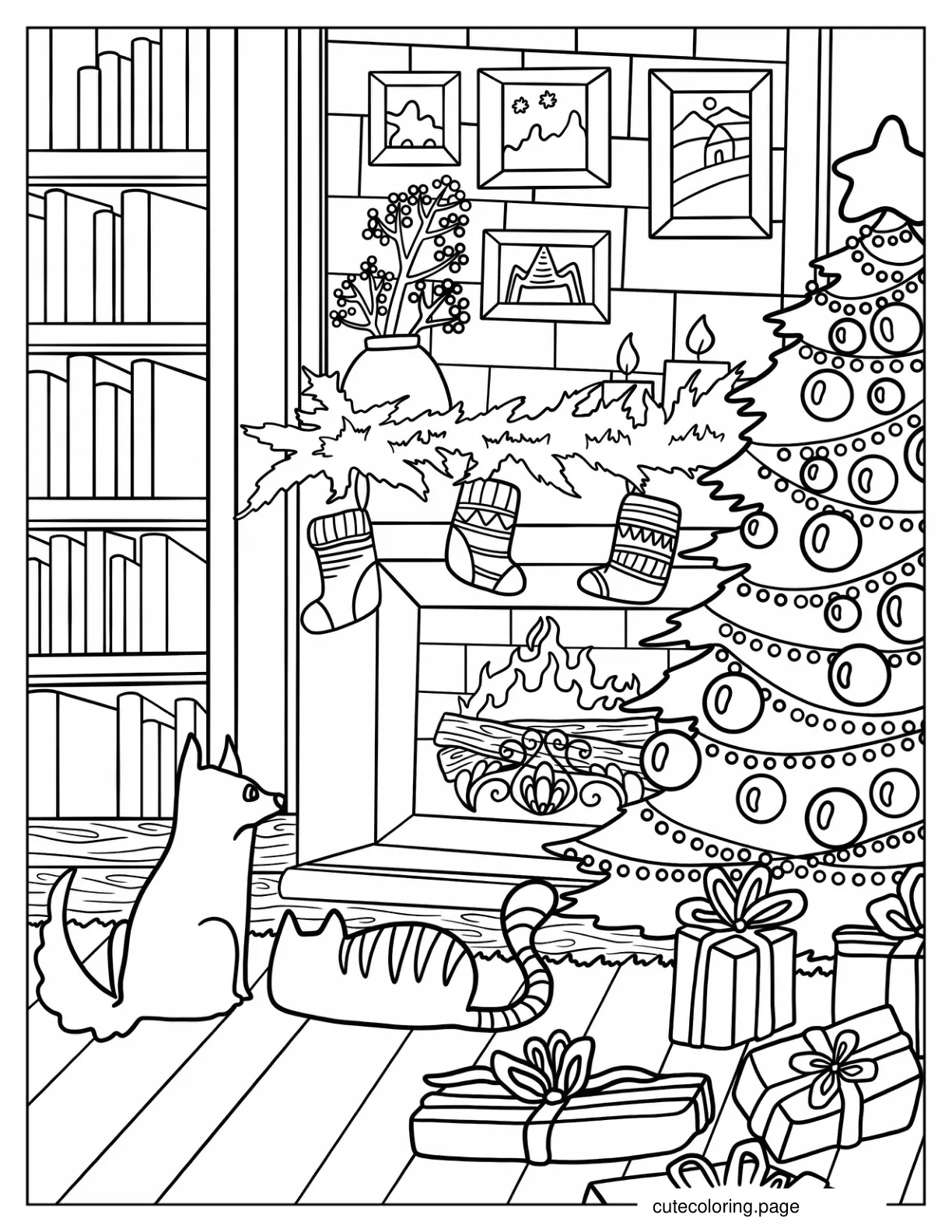 Detailed Christmas Living Room With Dog And Cat In Front Of Fireplace coloring page