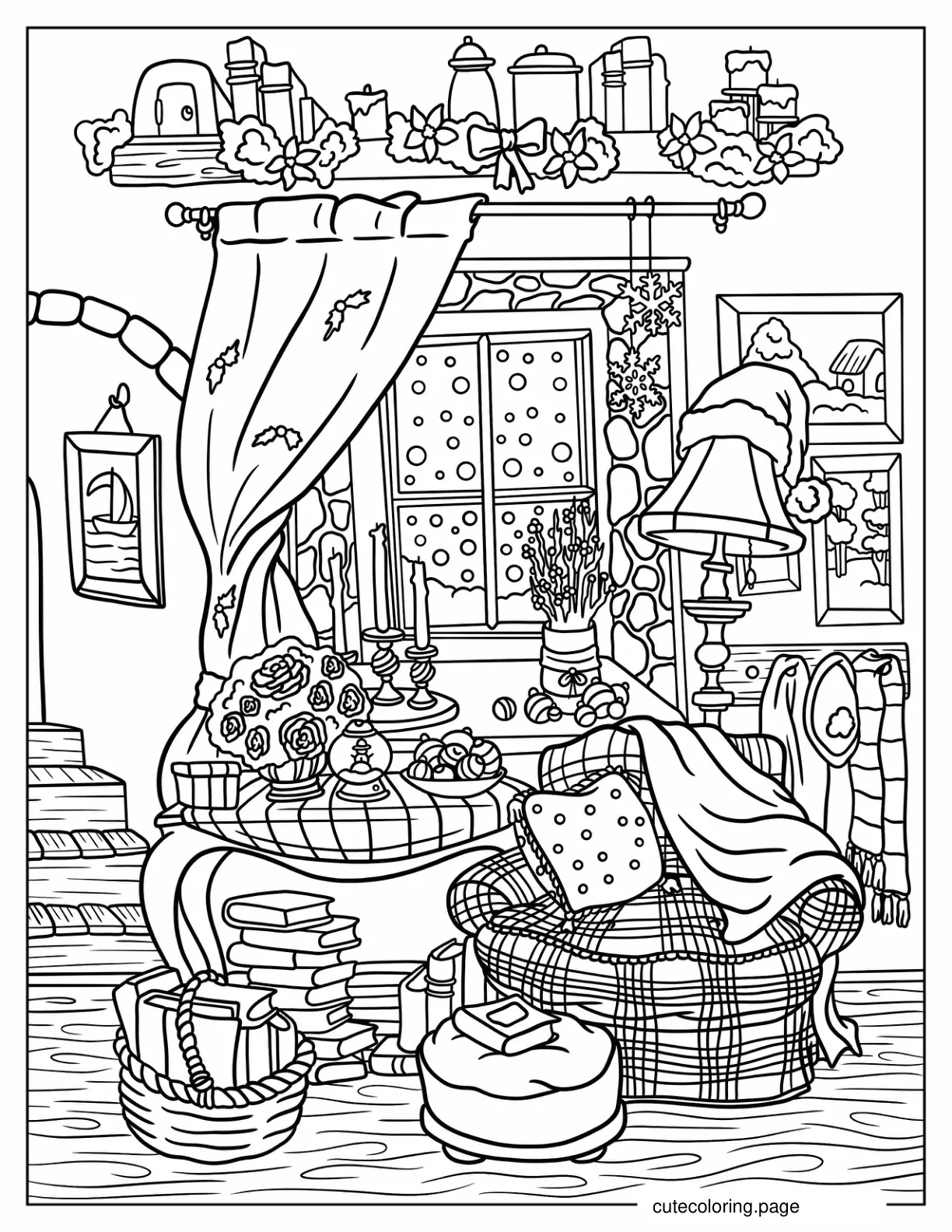 Detailed Cozy Christmas Living Room Coloring Page coloring page