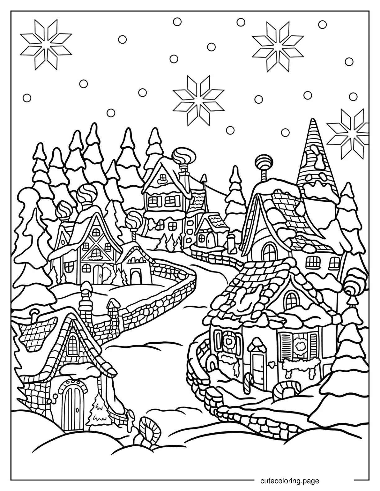 Detailed Landscape Of Houses In Christmas Winter Wonderland coloring page