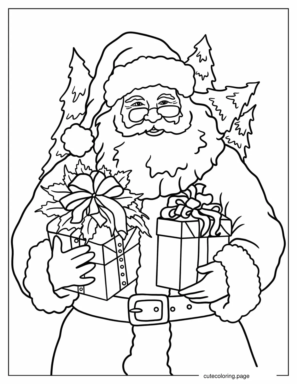 Easy Outline Of Realistic Santa Claus Holding Presents Christmas Coloring Page coloring page