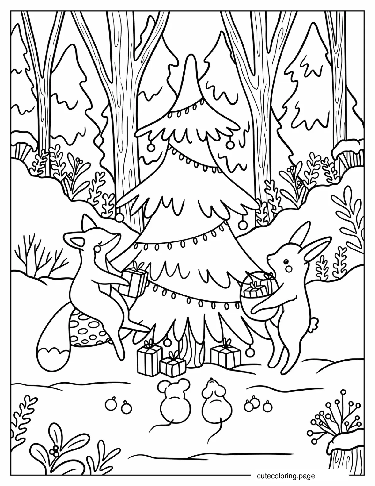 Fox Rabbit And Mice Under A Christmas Tree In Winter Coloring Page For Adults coloring page