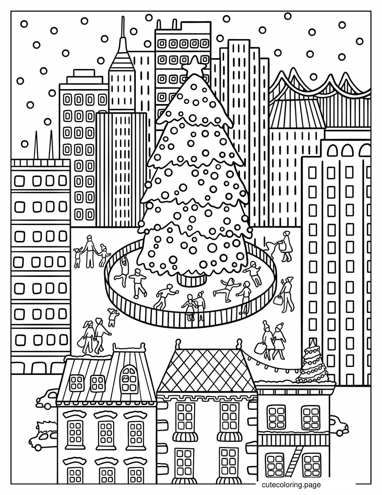 Giant Christmas Tree In The City With Ice Skaters Coloring Sheet coloring page