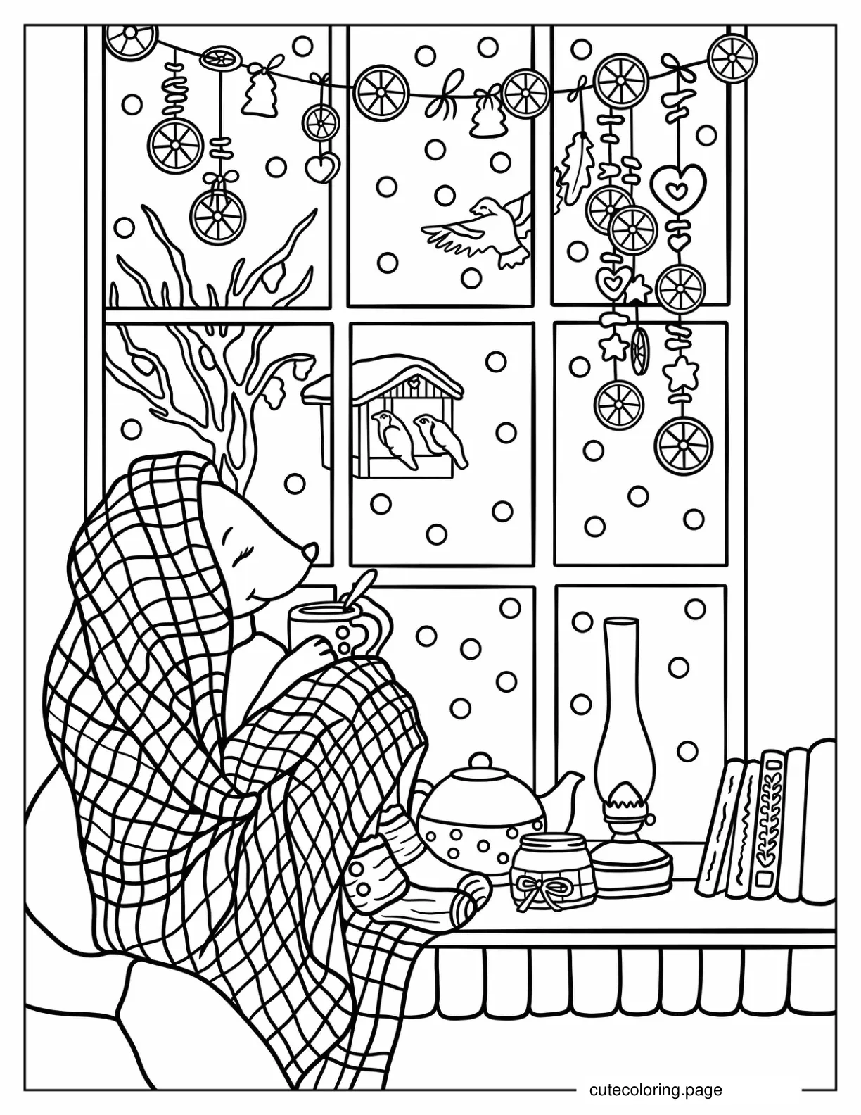 Hedgehog Wrapped In Blanket Drinking Beverage By The Window On Snowy Day coloring page