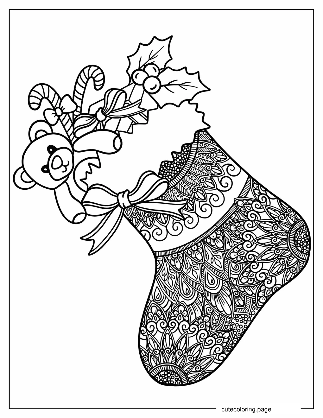 Intricate Christmas Stocking Mandala With Presents Inside Coloring Page For Adults coloring page