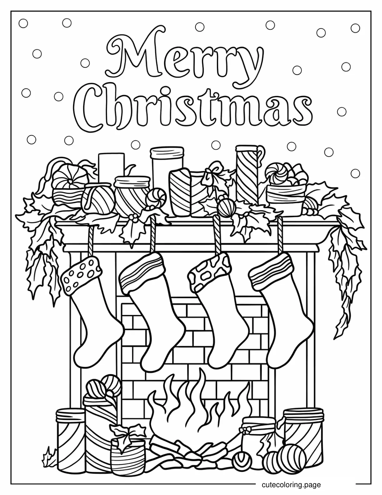 Merry Christmas Words On Top Of Fireplace With Stockings coloring page