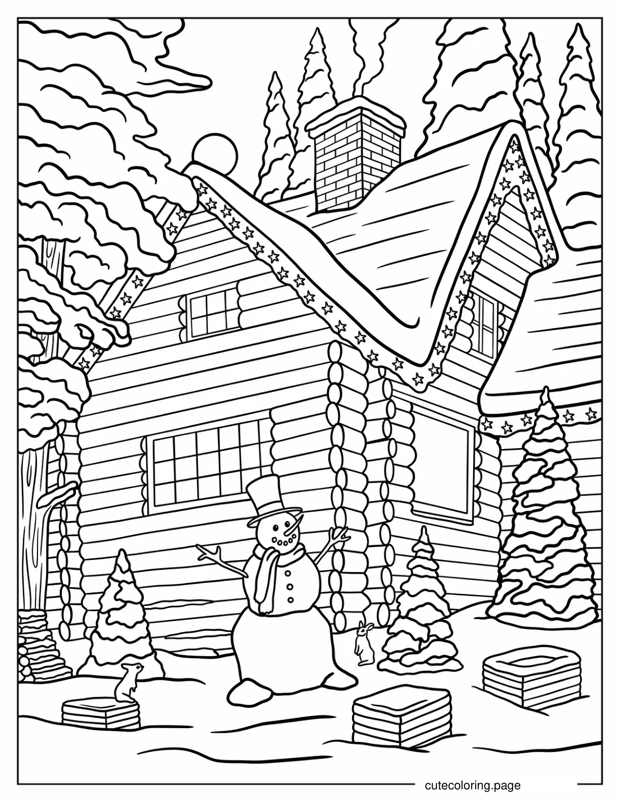 Realistic Cabin In Winter With Snowman Outside Coloring Sheet coloring page