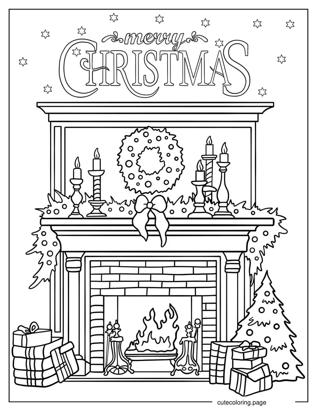 Realistic Fireplace With Christmas Garlands And Ornaments Coloring Sheet For Adults coloring page