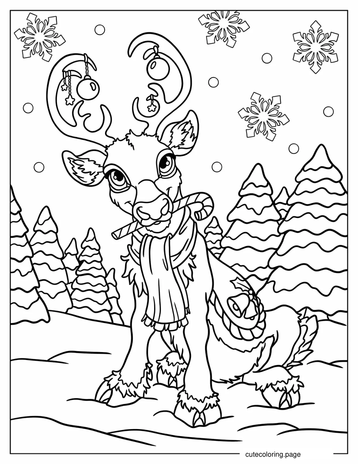 Rudolph Biting Candy Cane In Snowy landscape Coloring Page For Adults coloring page