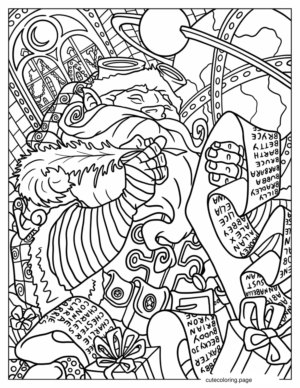 Santa Claus Checking Naughty Or Nice List Christmas Coloring Page For Adults coloring page