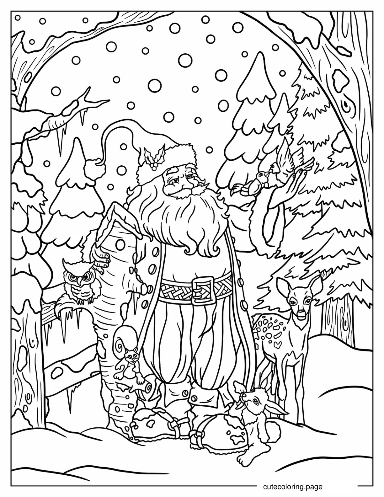 Santa Claus Outdoors With Owls Deer Birds And Squirrels Coloring Sheet For Adults coloring page