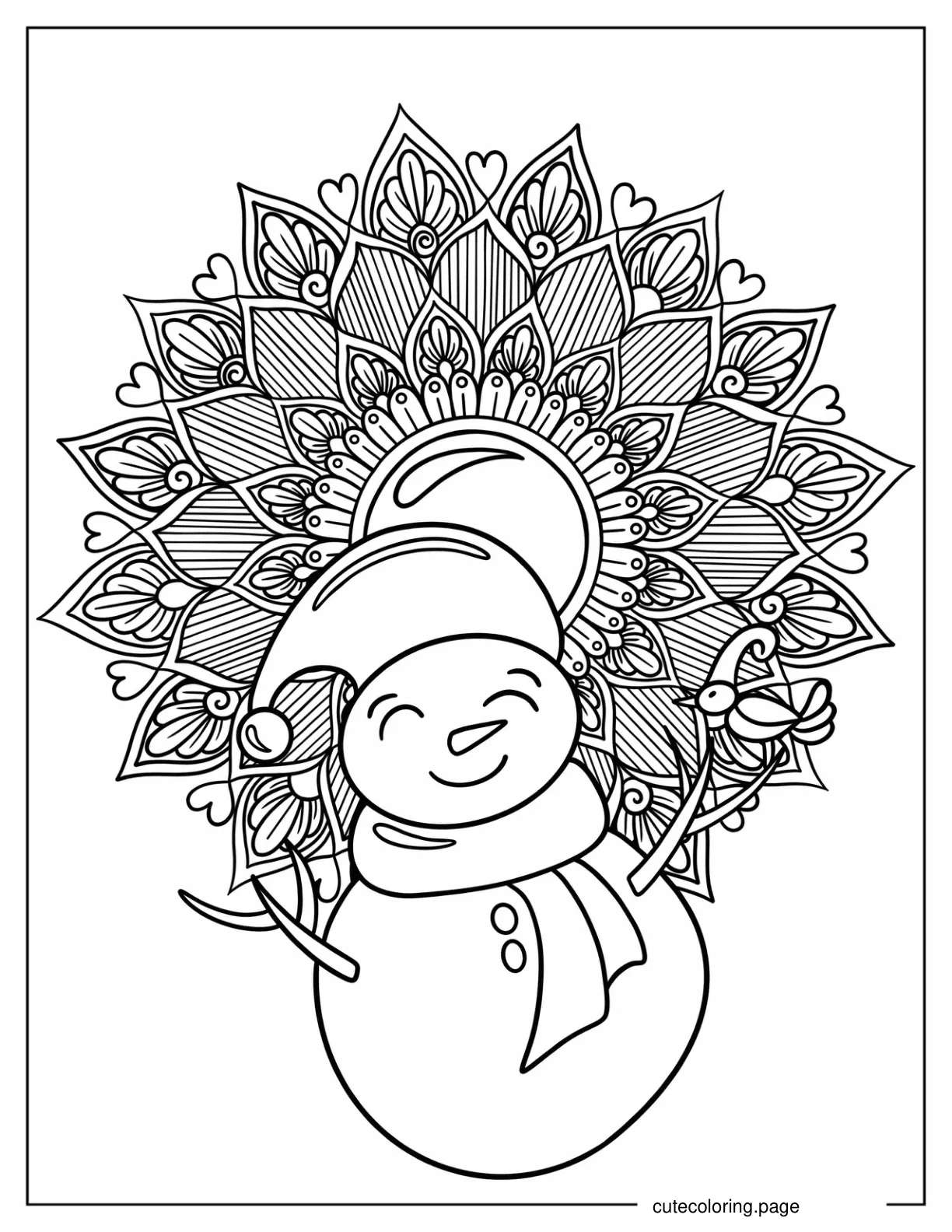 Smiling Snowman In Front Of Christmas Poinsettia Mandala coloring page