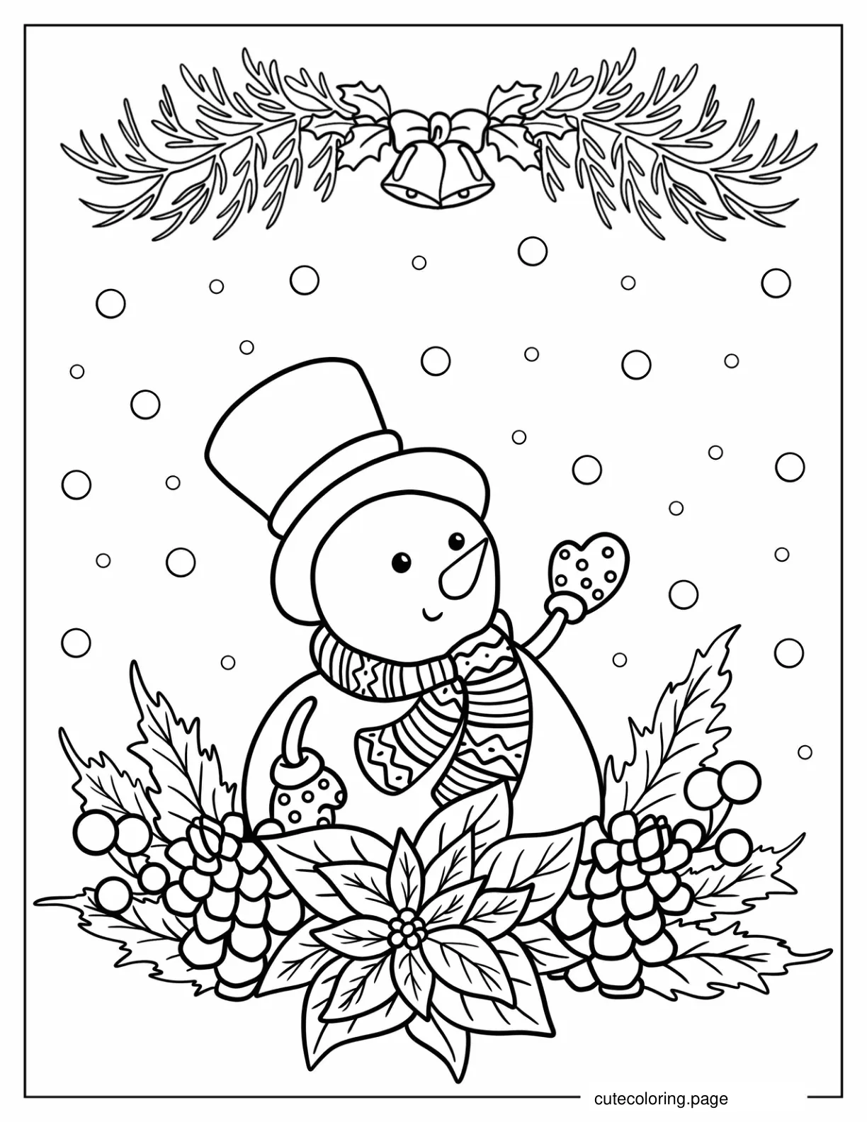 Snowman With Top Hat Standing On Pinecones And Poinsettias Coloring Sheet coloring page