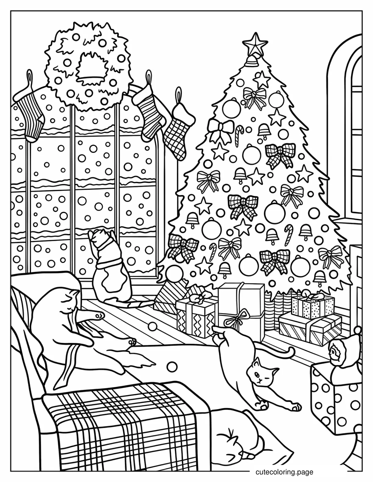 Three Cats Playing In Living Room With Christmas Tree Coloring Sheet coloring page