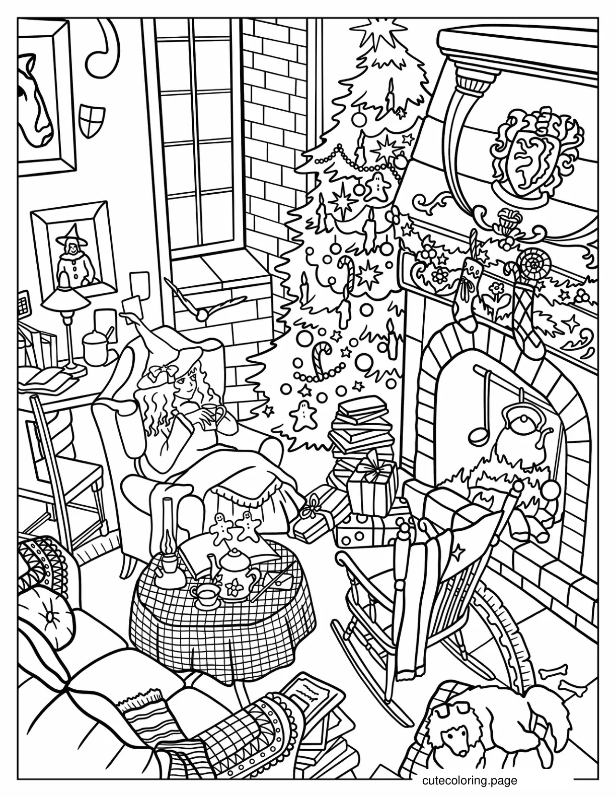 Witch Sitting In An Armchair In Living Room With Filled With Christmas Decors Coloring Page coloring page