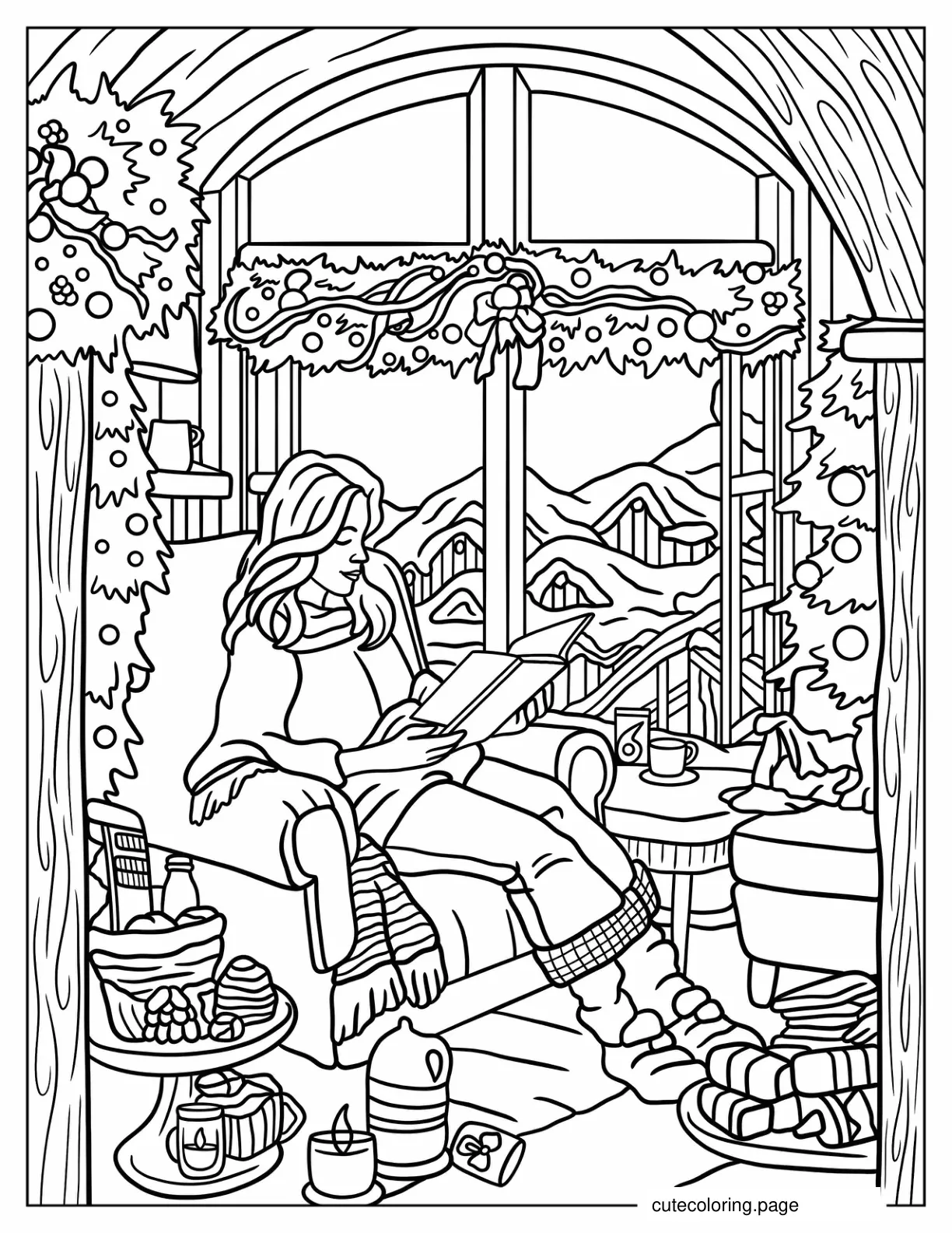 Woman Reading Book Beside Window On Christmas Day Coloring Page coloring page