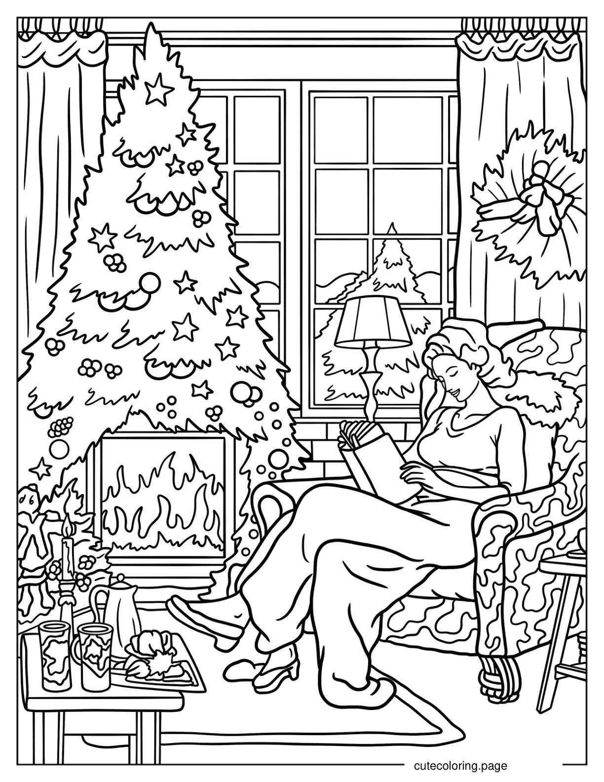 Woman Sitting Beside The Fireplace With A Book On Christmas Coloring Page coloring page