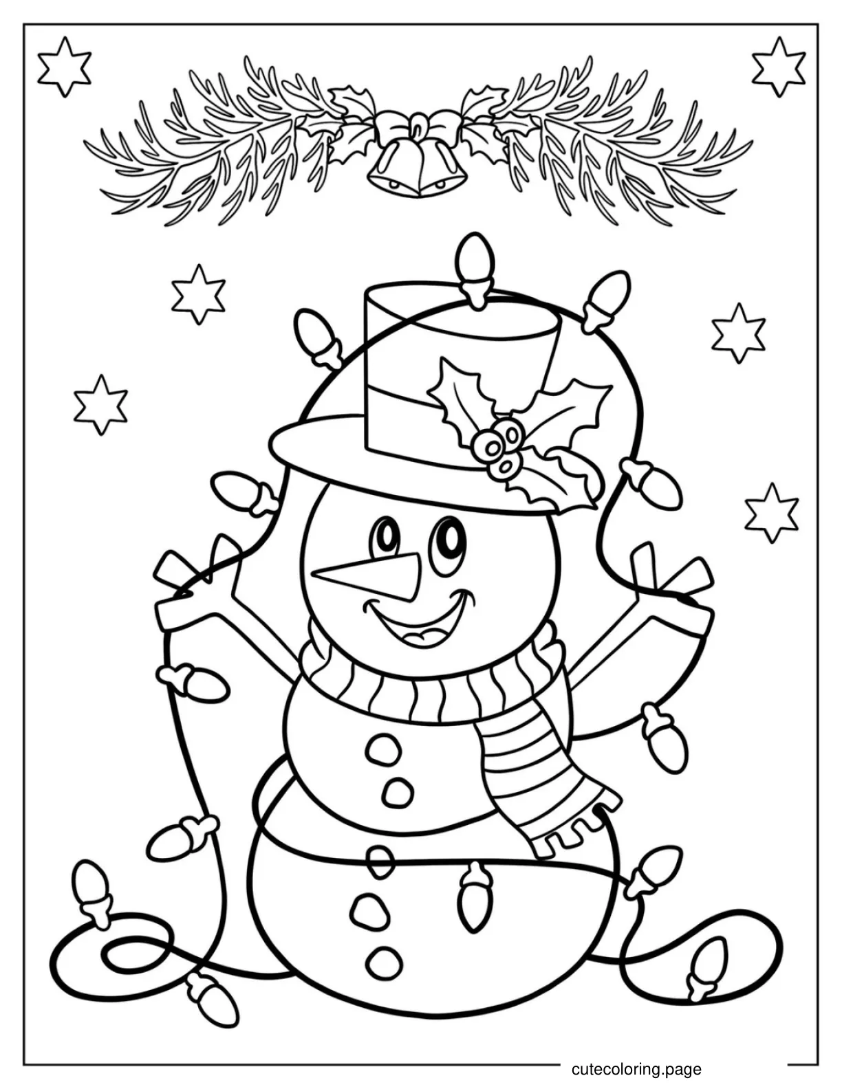 Cute Snowman Playing With Christmas Lights coloring page