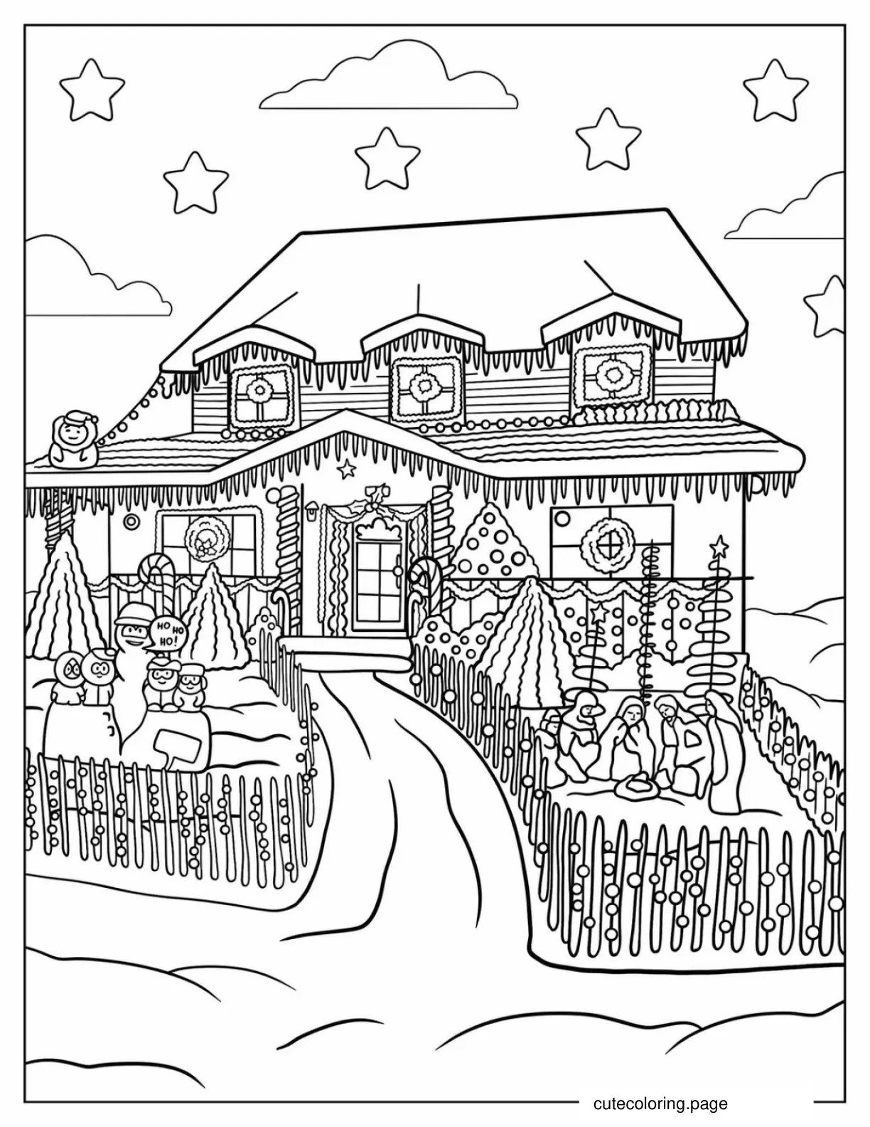 Detailed House Full Of Christmas Lights To Color coloring page