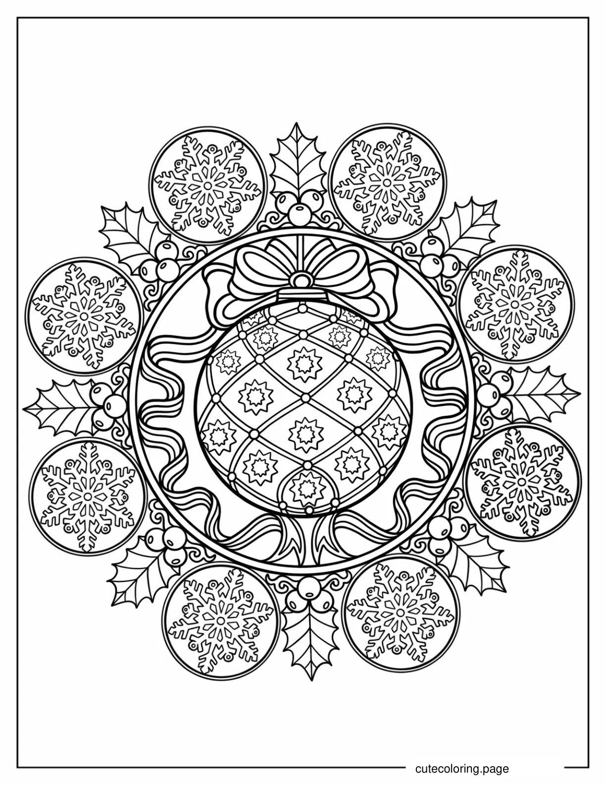 Christmas Mandala Baubles And Snowflakes Coloring Page coloring page