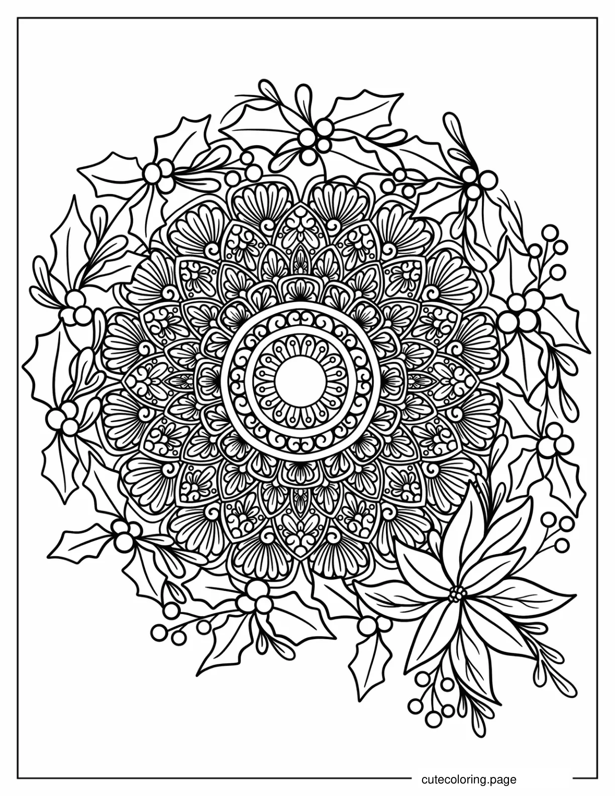 Christmas Mandala With Poinsettia And Hollies coloring page