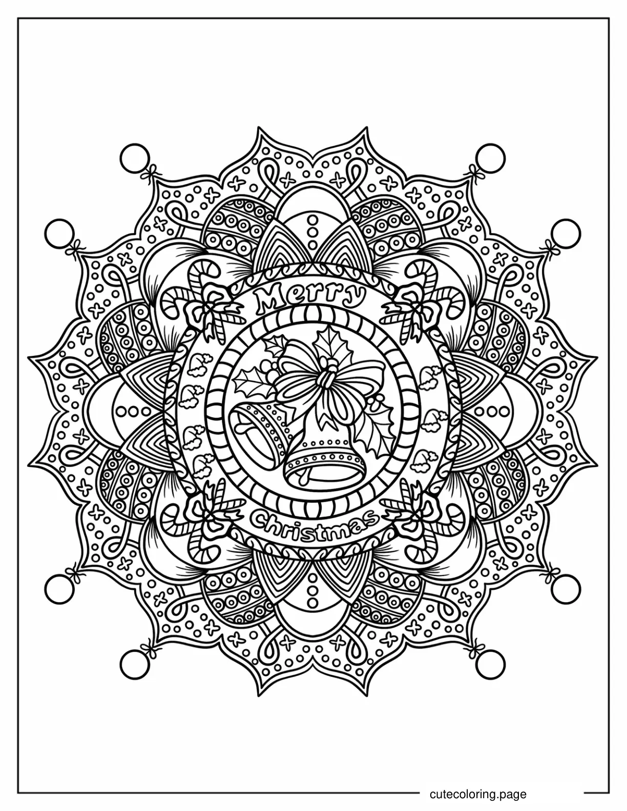 Detailed Flower Christmas Mandala With Bells In The Middle Coloring Page coloring page