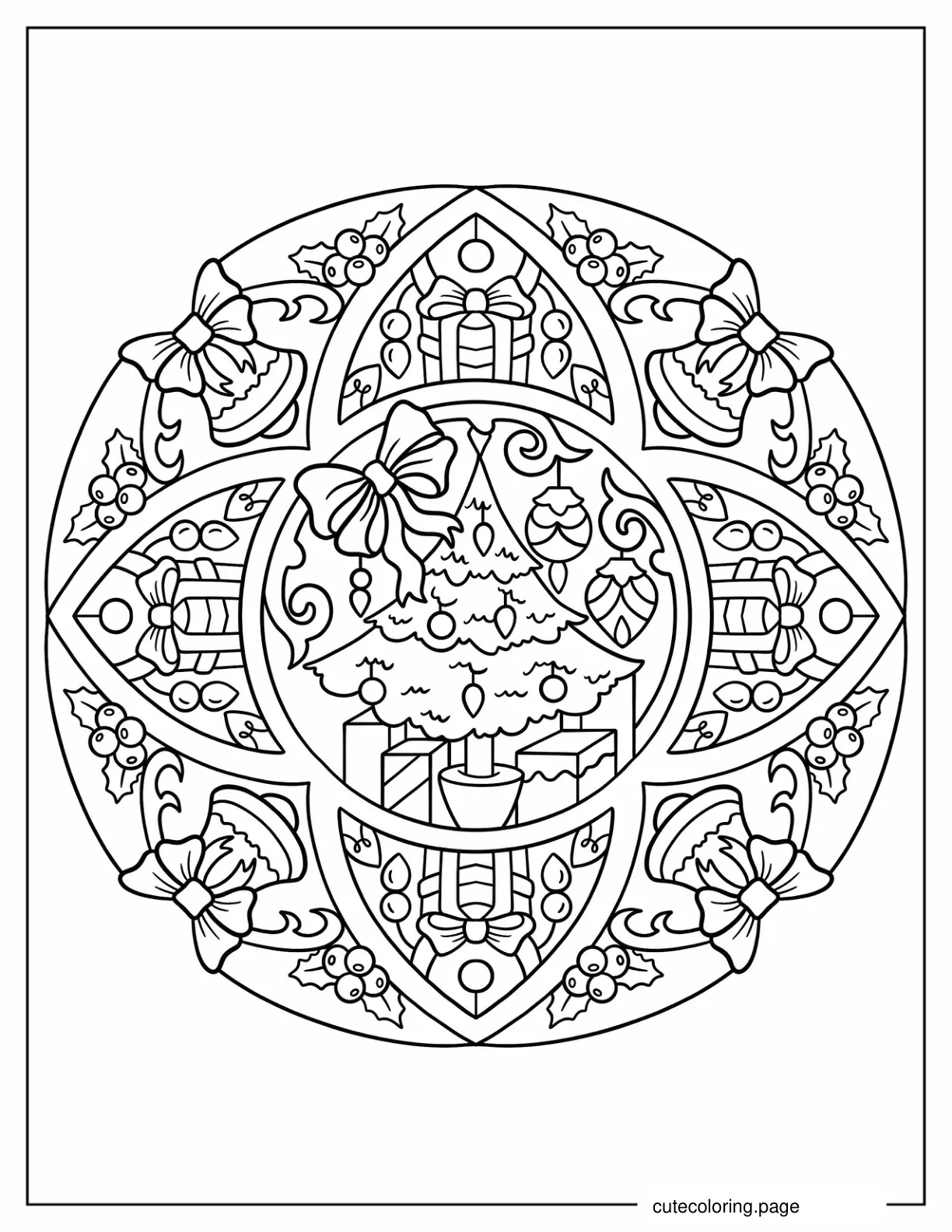 Easy Christmas Mandala With Trees And Presents Coloring Sheet coloring page