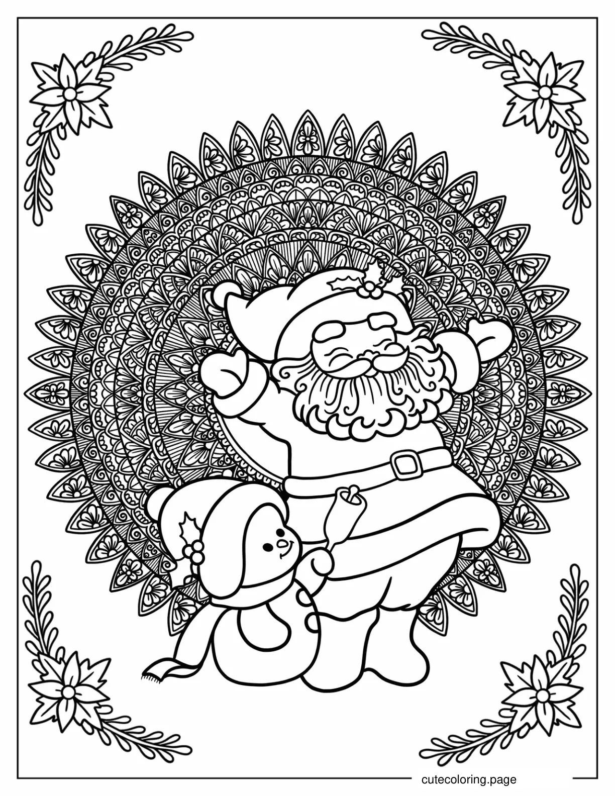 Happy Santa With Snowman Christmas Mandala Coloring Page coloring page