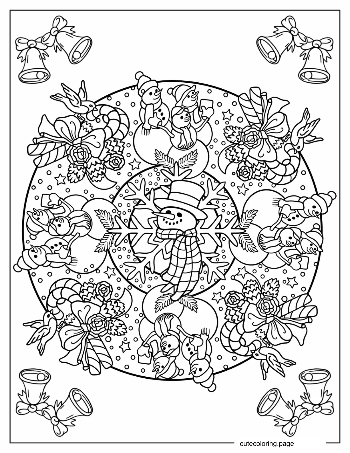 Simple Snowman And Candy Cane Mandala Coloring Sheet For Kids coloring page