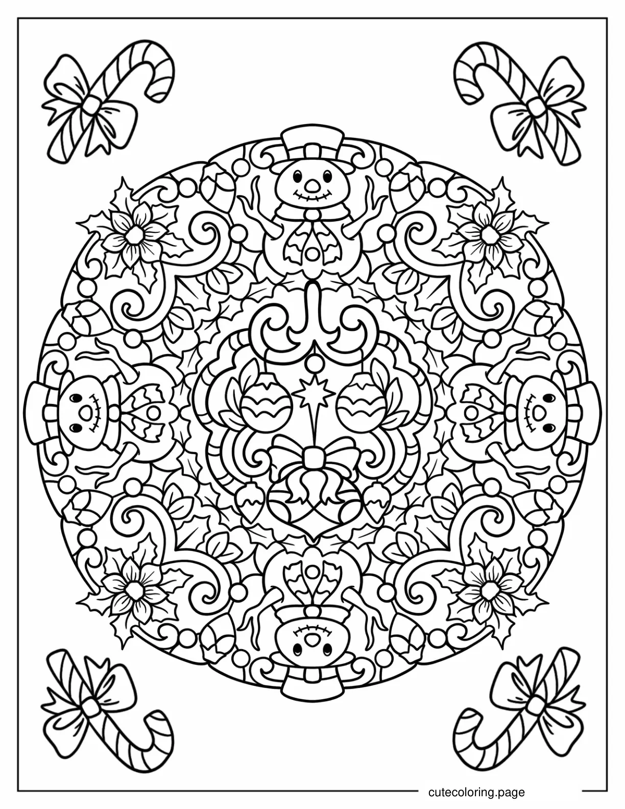 Snowman And Christmas Ornaments Mandala Coloring Sheet For Kids coloring page