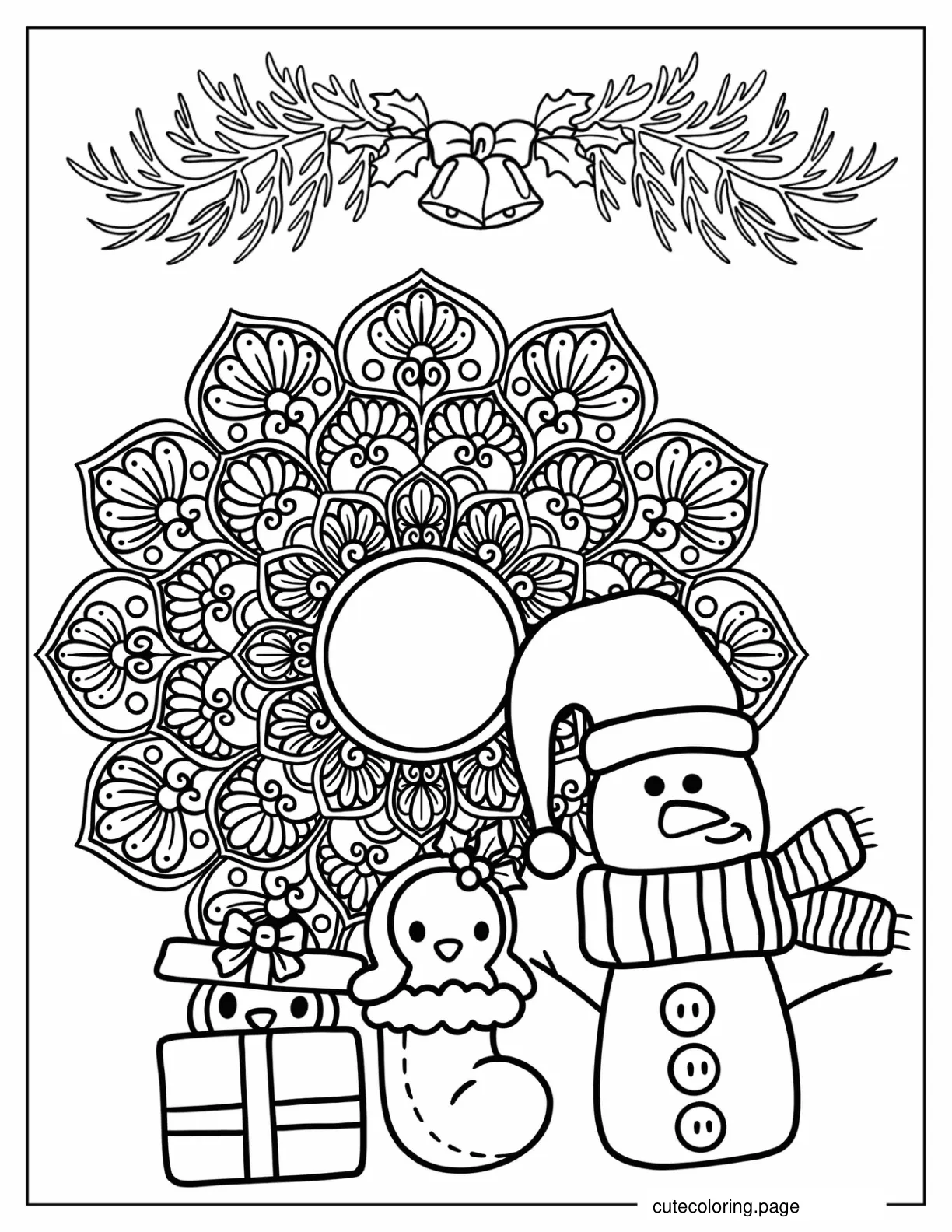 Snowman And Presents Christmas Mandala Coloring Page For Kids coloring page