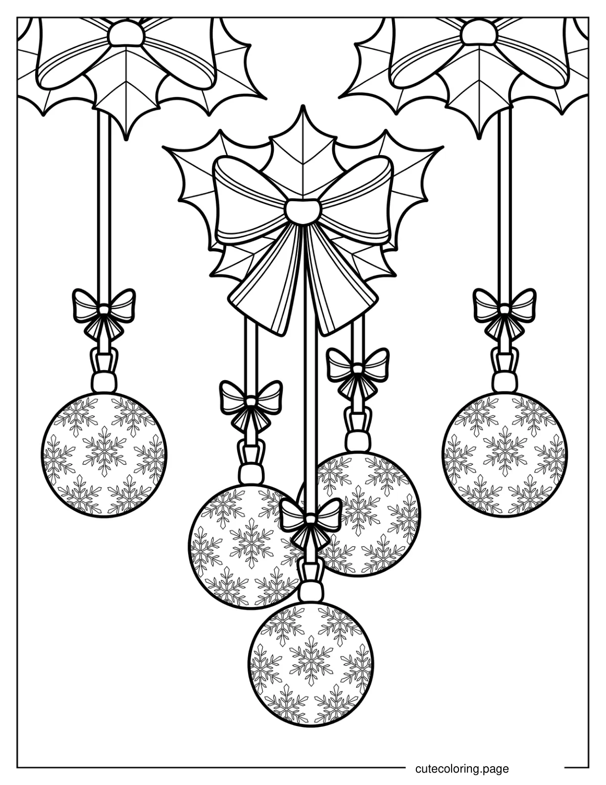 Christmas Bulbs Hanging From Mistletoes With Bows Coloring Sheet coloring page