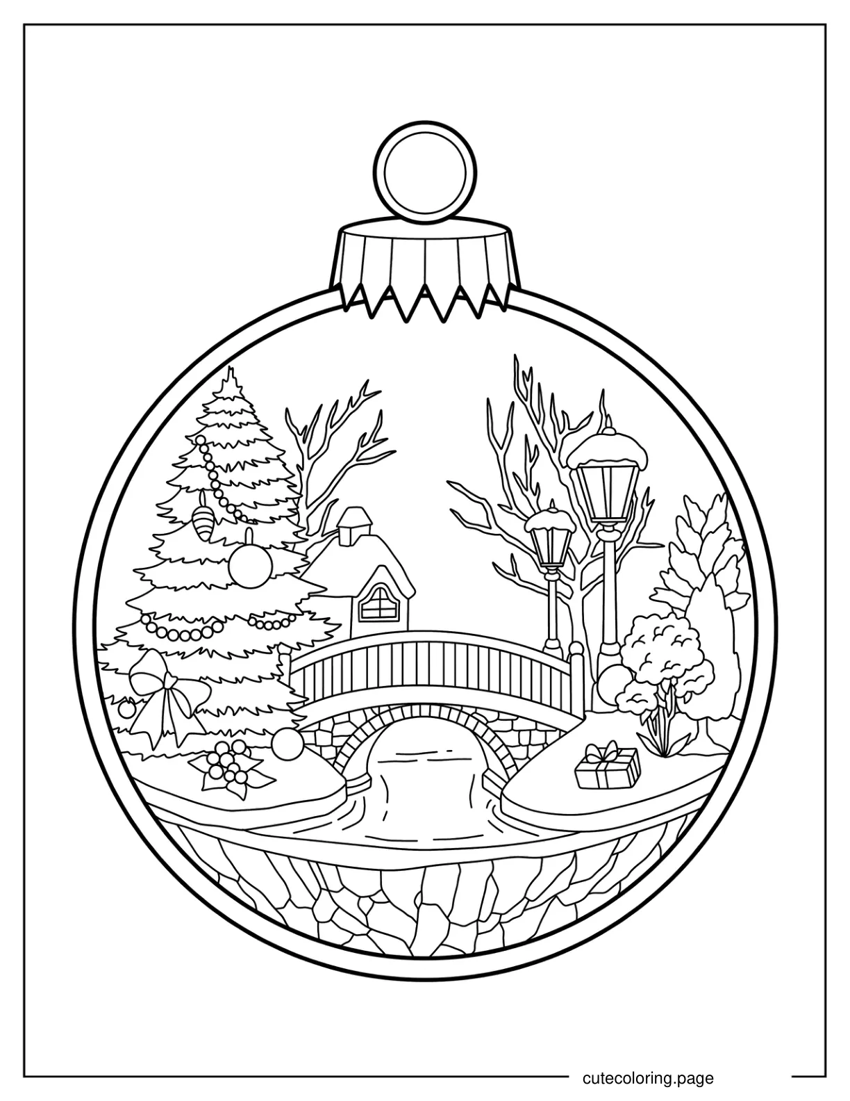 Detailed Winter Landscape Inside Christmas Bauble Ornament coloring page