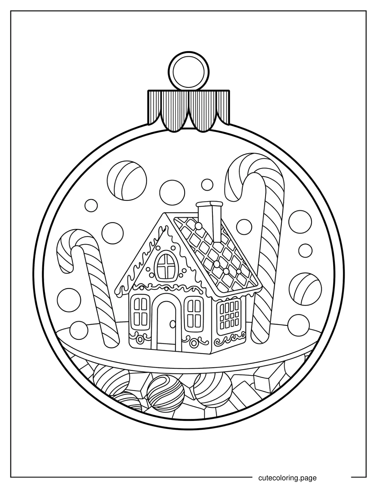 Gingerbread House And Candy Canes Inside Christmas Bauble Ornament coloring page