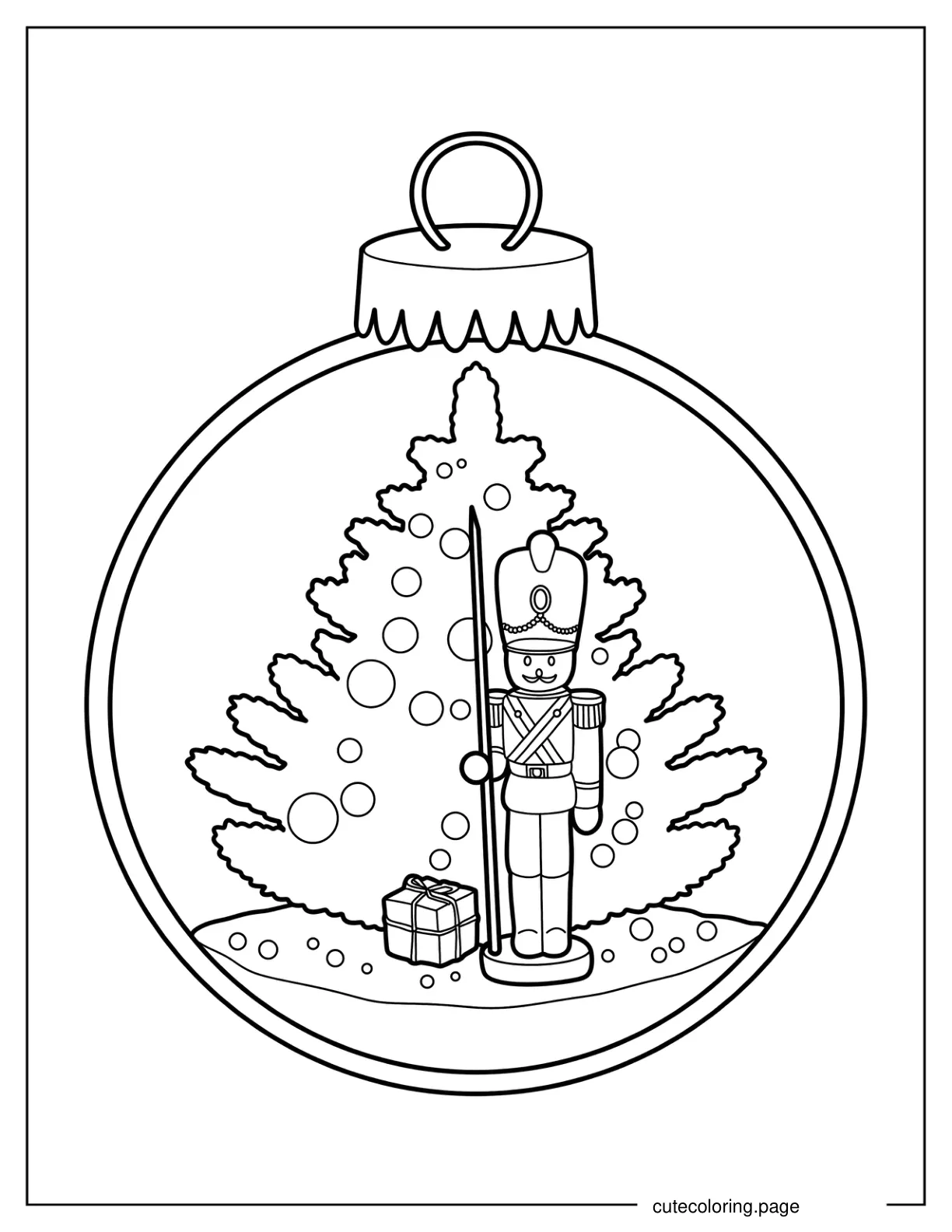 Nutcracker And Christmas Tree Inside Christmas Bauble coloring page