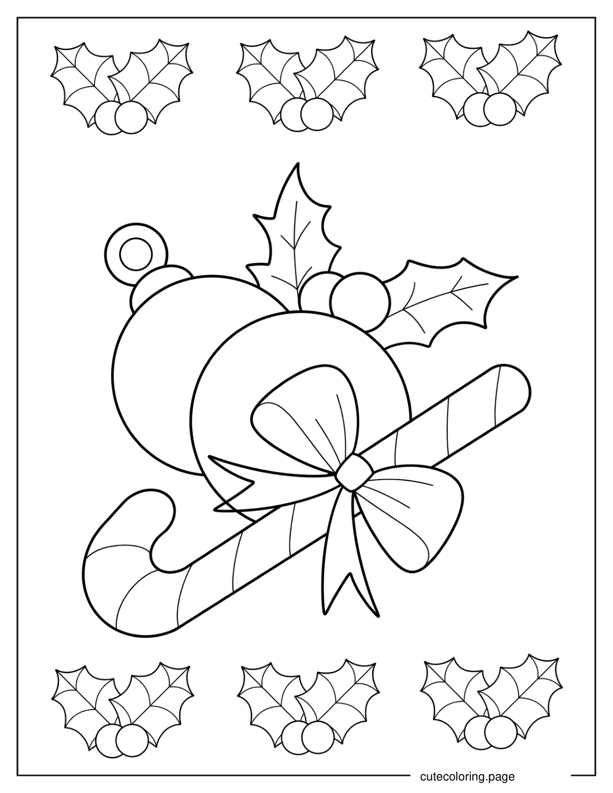 Simple Christmas Globes And Candy Cane Ornaments Outline Coloring Sheet coloring page