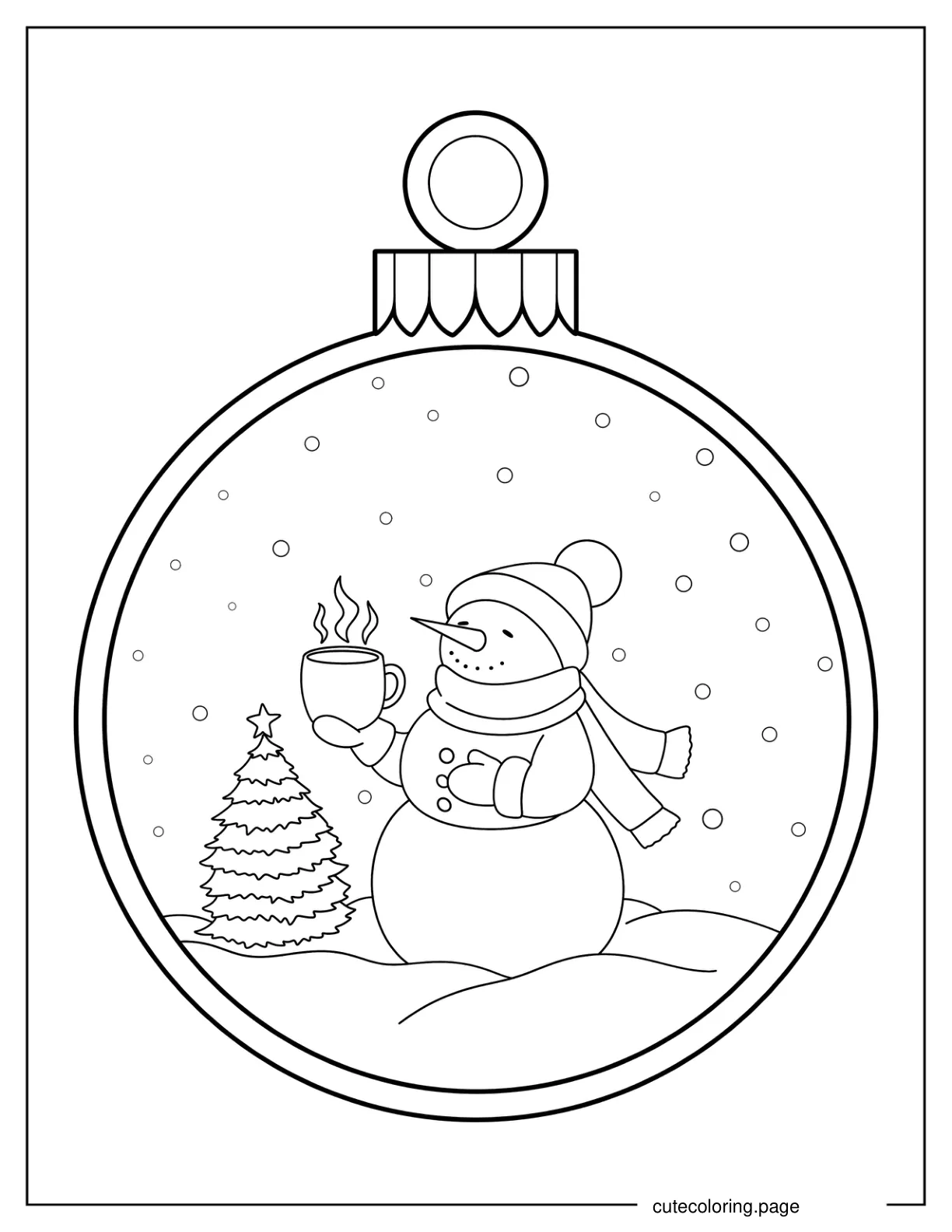 Snowman Holding Hot Chocolate In The Snow Christmas Bauble Ornament Coloring Sheet coloring page