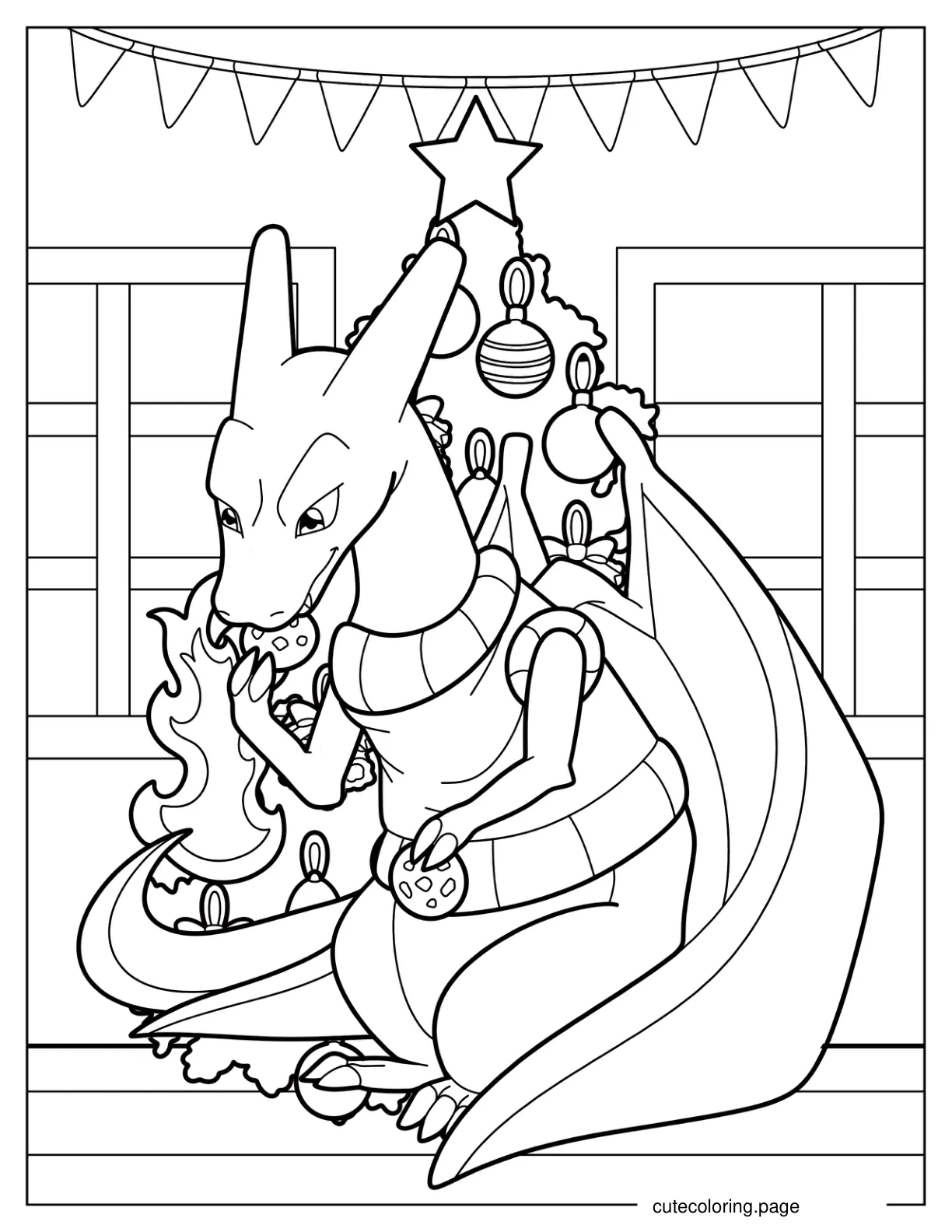 Charizard Eating Cookies In Front Of Christmas Tree coloring page