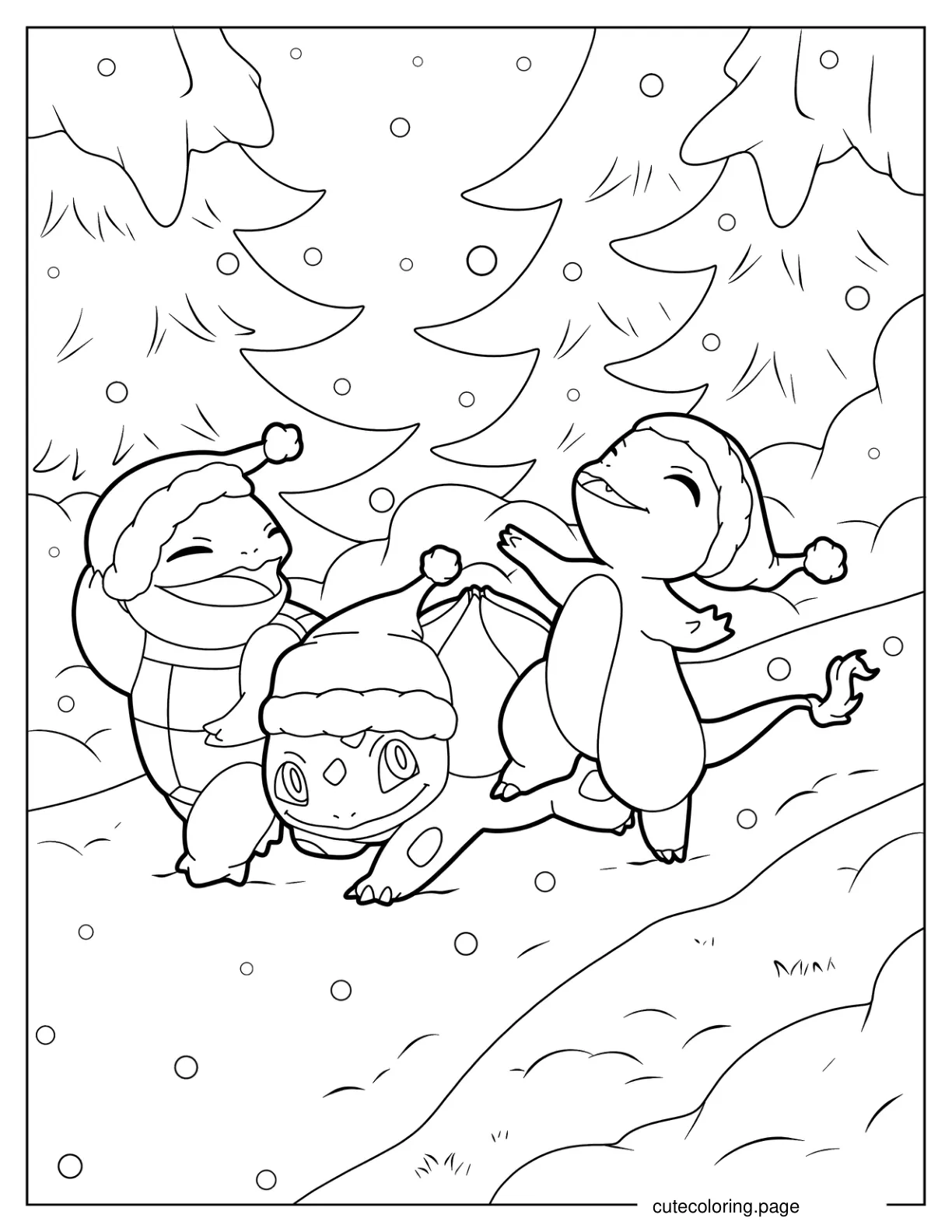 Charmander Bulbasaur And Squirtle Walking In The Snow Coloring Page For Kids coloring page