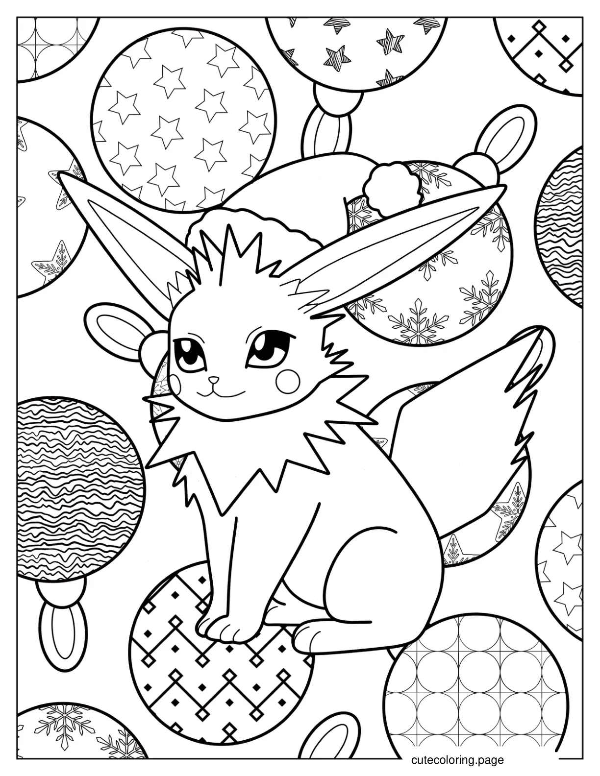 Eevee Wearing Santa Hat With Christmas Baubles In The Background coloring page