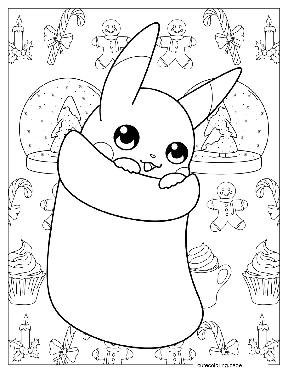 Kawaii Pikachu Inside A Christmas Stocking Coloring Page For Kids coloring page