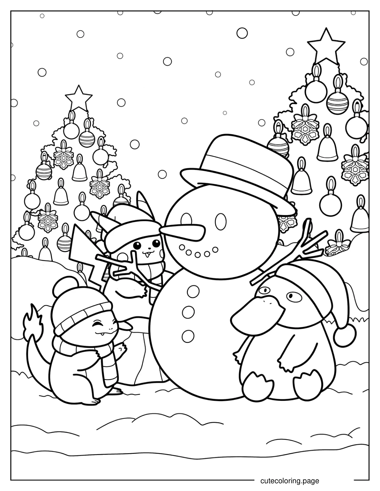 Pikachu Charmander And Psyduck Making A Snowman Coloring Page coloring page