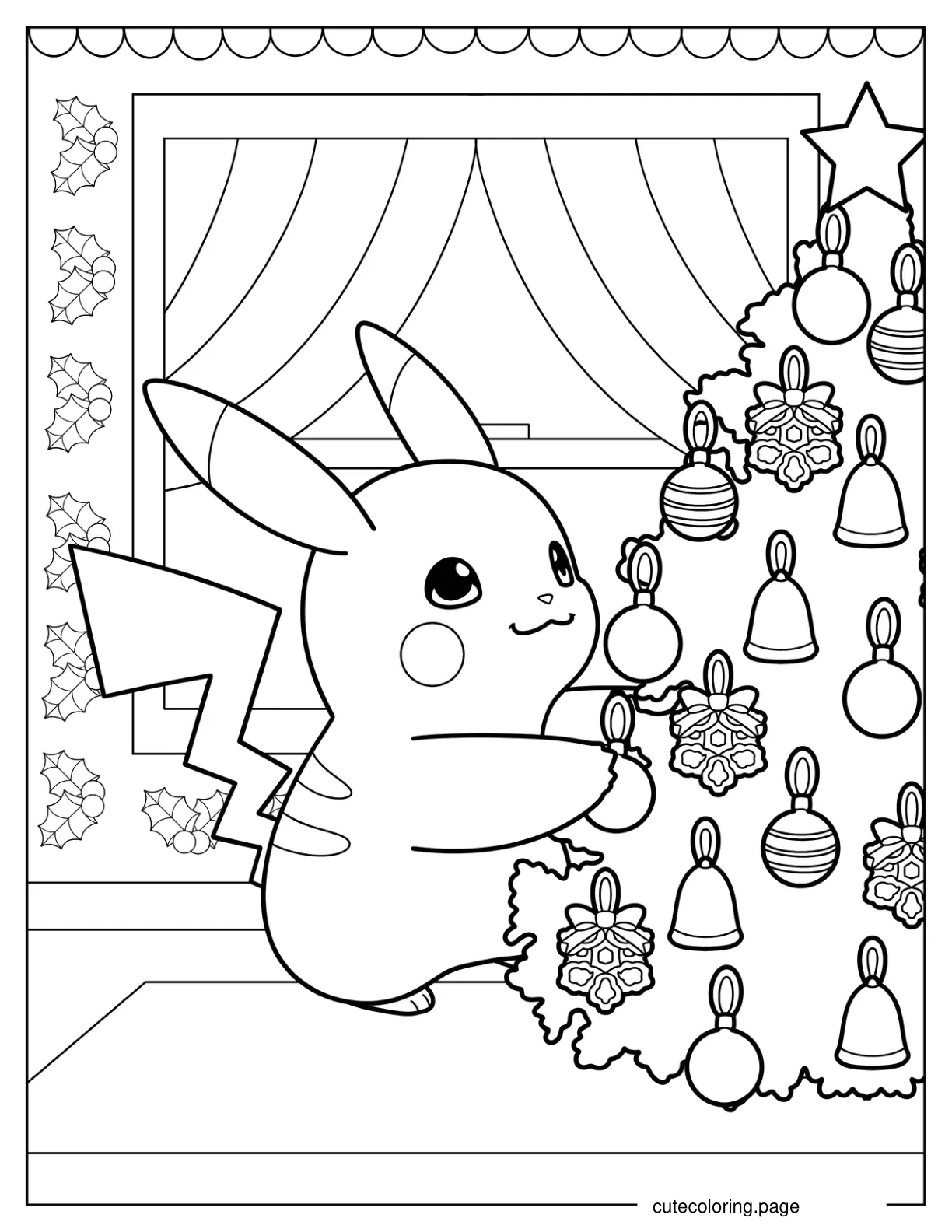 Pikachu Decorating A Christmas Tree Coloring Page coloring page